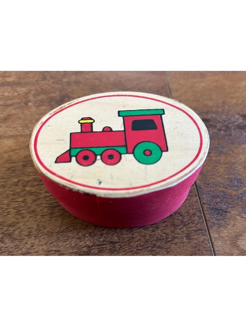Vintage Wooden Train Ornament in Red and Green with Oval Box
